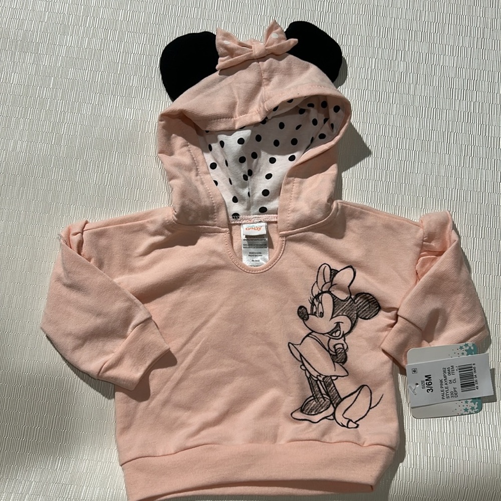 NWT Disney Baby Girls' Minnie Mouse pale pink fleece pullover hoodie Sz 3/6M.